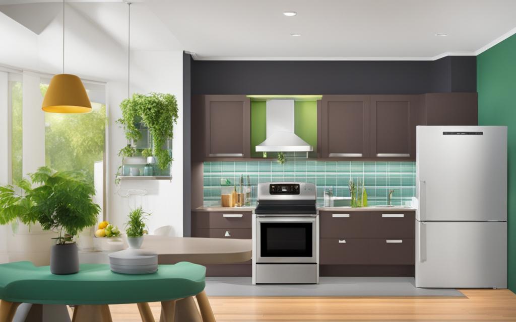 Render de Cocina de casa con tonos verdes y luz natural que entra por Ventanas termopanel