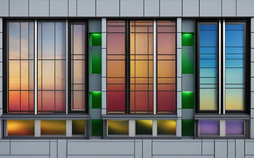 Luz de atardecer de varios colores reflejada en Ventanas de Termopanel de fachada de edificio