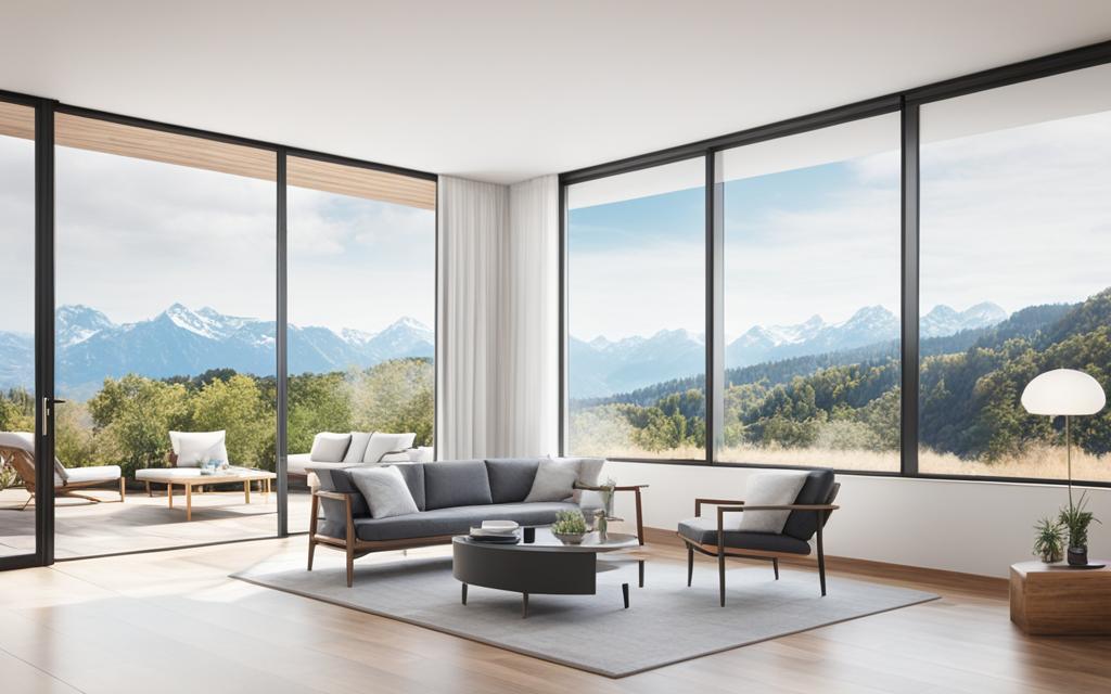 Casa de montaña de estilo nórdico con tono clando y ocre, con grandes ventanas termopanel de PVC negro que dan vista al paisaje