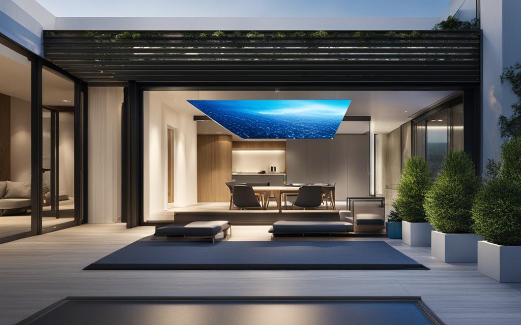 Terraza techada de casa con pantalla de iluminación LED azul sobre la mesa. El cierre es con tecnología termopanel plegable