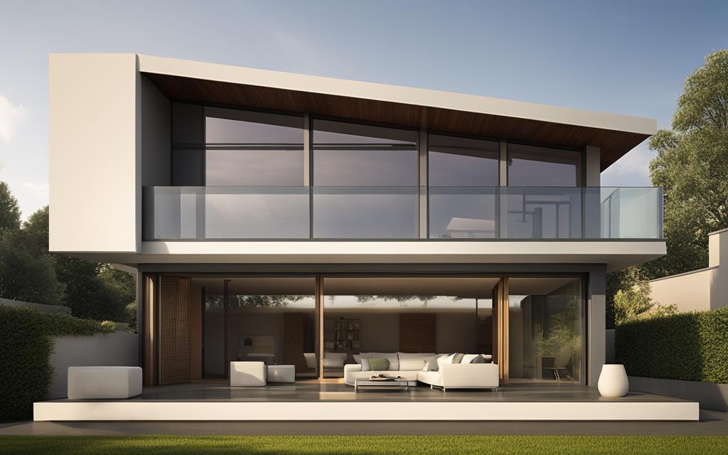 Fachada de casa moderna de dos pisos, color ocre y con colores termopanel de aluminio