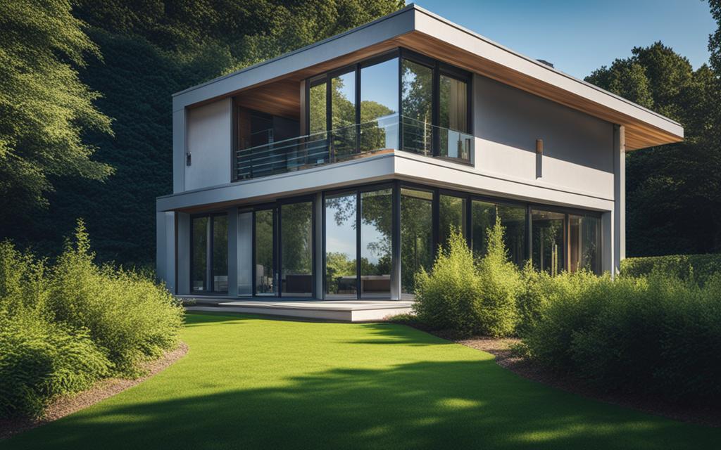 Vista desde el jardín de casa de dos pisos de arquitectura moderna y con ventanas térmicas