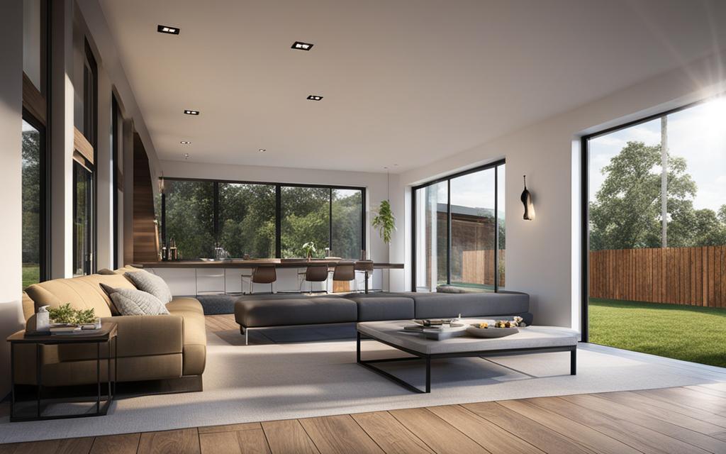 Viste interior de Terraza techada con barra para tragos. Tiene arquitectura moderna y Ventas térmicas con perfiles PVC negro