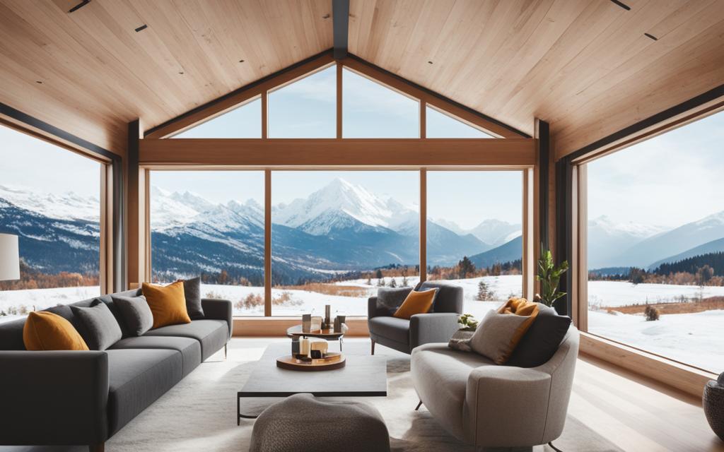 Interior de Living de cabaña en la montaña con ventanas aislantes del frío exterior que se puede ver a través de sus ventanas termopanel
