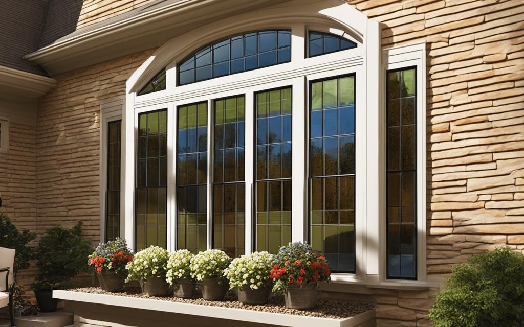 Muro exterior de revestimiento moderno con Ventana termopanel de PVC blanco con plantas a sus pies