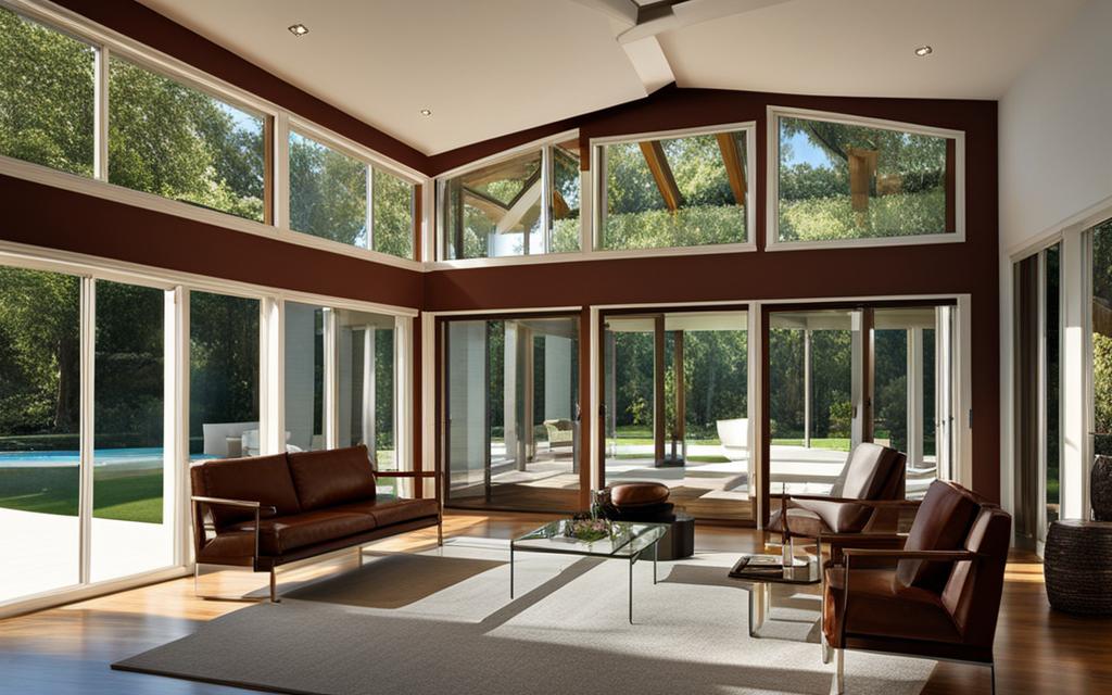 Ampliar sala de casa de estilo clásico con muebles de color caoba y Ventanas Termopanel con PVC blanco